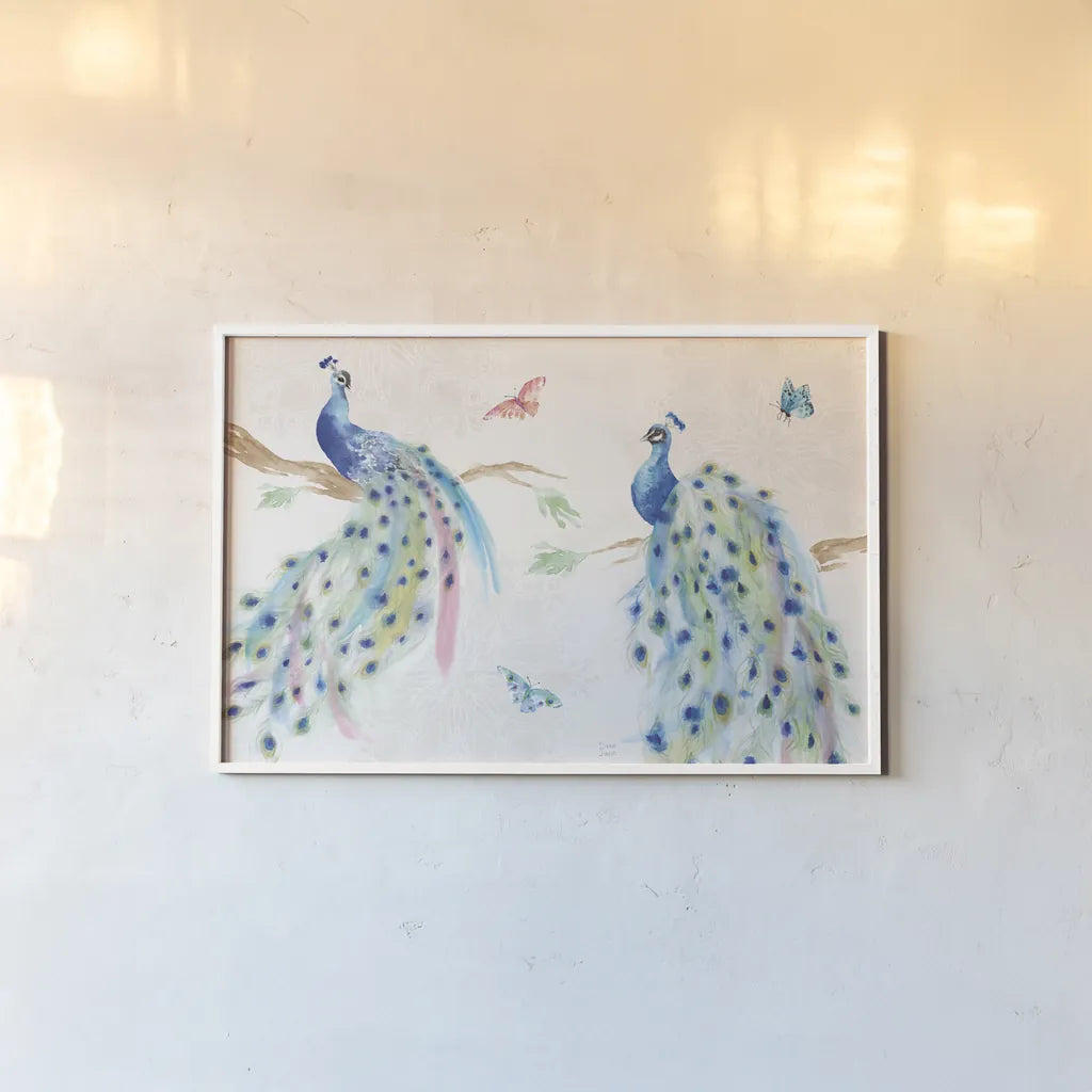 Peacock Glory I by Dina June. shown as a paper print in a white frame. Available as a archival giclee rolled canvas, fine art paper, or poster print. SKU 65987i.