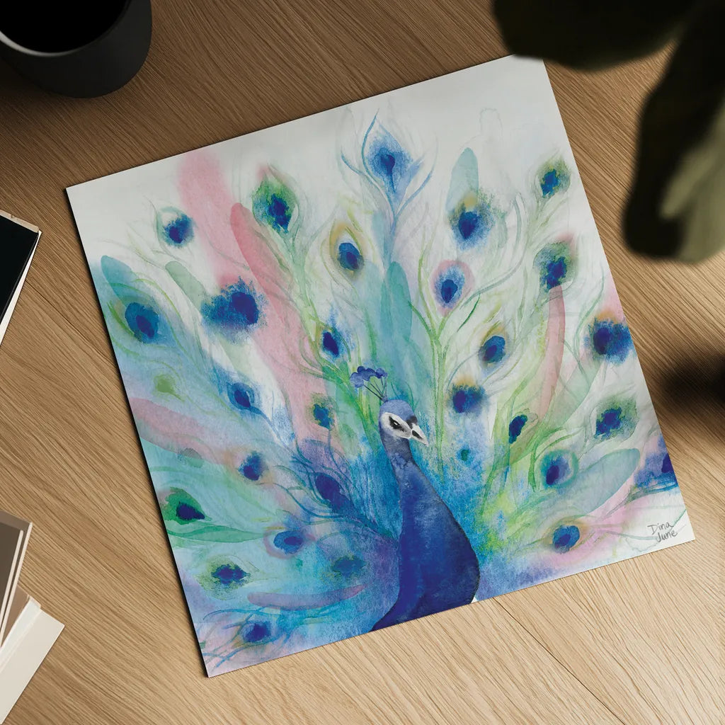 Peacock Glory IV by Dina June. Shown as a detailed flat fine art print, highlighting archival giclee quality. Available as an archival giclee rolled canvas, fine art paper, or poster print. SKU 65990a.