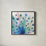 Peacock Glory IV by Dina June. Shown in a sleek black glass frame for a contemporary gallery look. Available as an archival giclee rolled canvas, fine art paper, or poster print. SKU 65990a.