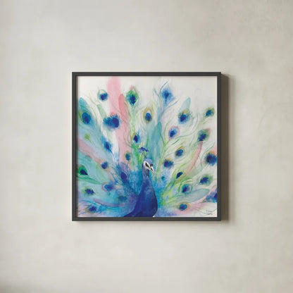 Peacock Glory IV by Dina June. Shown in a sleek black glass frame for a contemporary gallery look. Available as an archival giclee rolled canvas, fine art paper, or poster print. SKU 65990a.