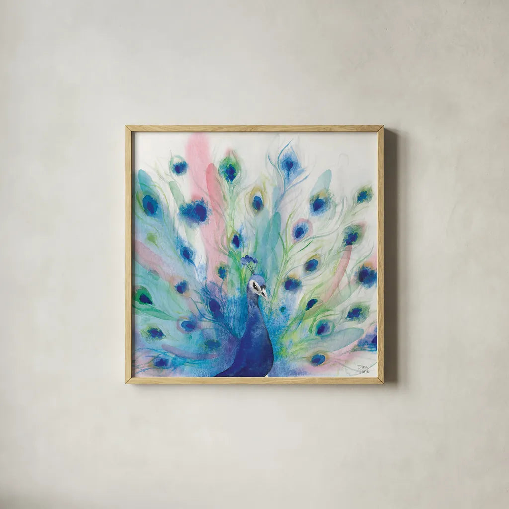 Peacock Glory IV by Dina June. Shown in a natural wood glass frame for a timeless modern aesthetic. Available as an archival giclee rolled canvas, fine art paper, or poster print. SKU 65990a.