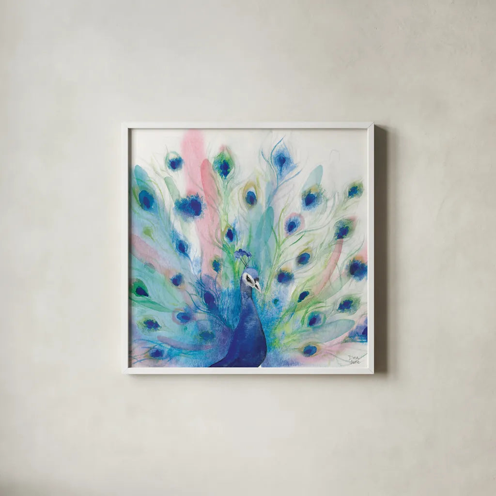 Peacock Glory IV by Dina June. Shown in a crisp white glass frame for a clean and minimalist style. Available as an archival giclee rolled canvas, fine art paper, or poster print. SKU 65990a.