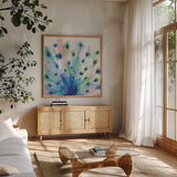 Peacock Glory IV by Dina June. Shown in a natural wood frame in a cozy modern living room. Available as an archival giclee rolled canvas, fine art paper, or poster print. SKU 65990a.