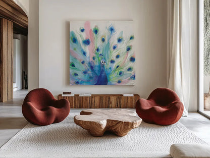 Peacock Glory IV by Dina June. Shown as extra-large giant wall art in a modern living room. Available as an archival giclee rolled canvas, fine art paper, or poster print. SKU 65990a.