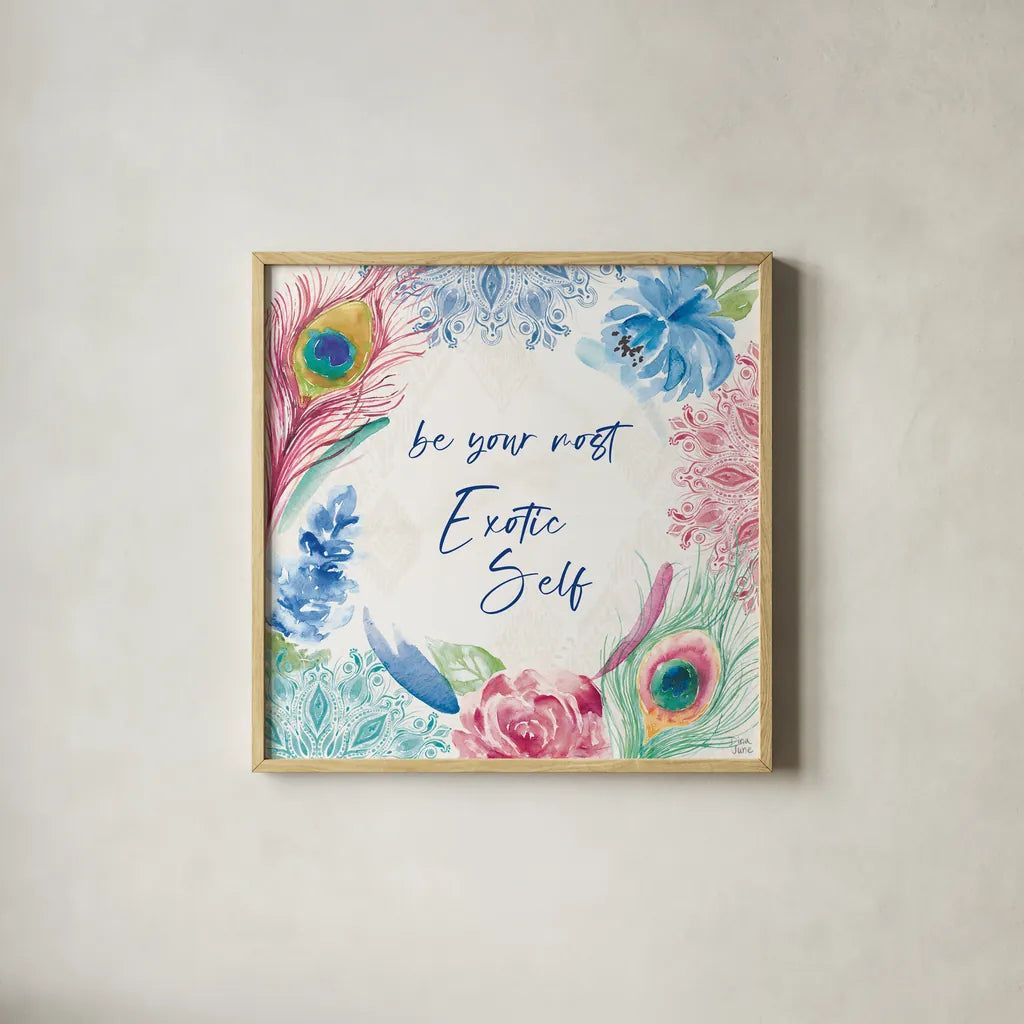 Peacock Glory IX by Dina June. Shown in a natural wood glass frame for a timeless modern aesthetic. Available as an archival giclee rolled canvas, fine art paper, or poster print. SKU 65995a.