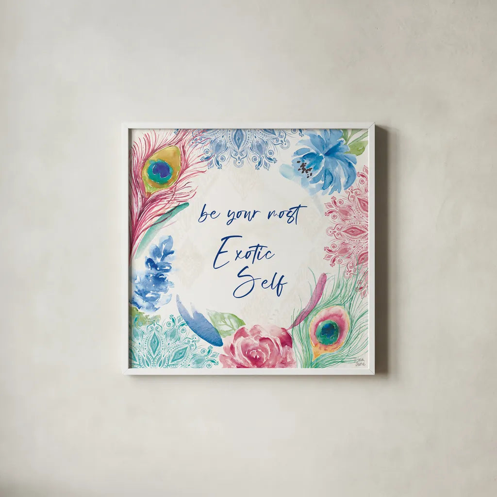 Peacock Glory IX by Dina June. Shown in a crisp white glass frame for a clean and minimalist style. Available as an archival giclee rolled canvas, fine art paper, or poster print. SKU 65995a.