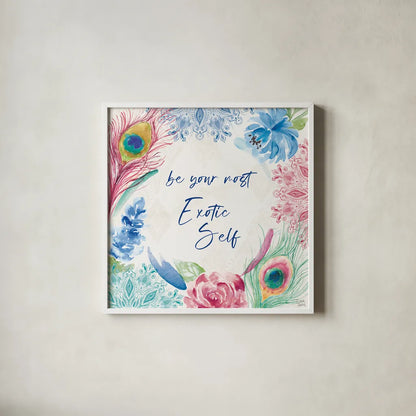 Peacock Glory IX by Dina June. Shown in a crisp white glass frame for a clean and minimalist style. Available as an archival giclee rolled canvas, fine art paper, or poster print. SKU 65995a.