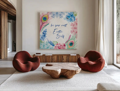 Peacock Glory IX by Dina June. Shown as extra-large giant wall art in a modern living room. Available as an archival giclee rolled canvas, fine art paper, or poster print. SKU 65995a.