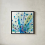 Peacock Glory V by Dina June. Shown in a sleek black glass frame for a contemporary gallery look. Available as an archival giclee rolled canvas, fine art paper, or poster print. SKU 65991a.
