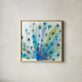 Peacock Glory V by Dina June. Shown in a natural wood glass frame for a timeless modern aesthetic. Available as an archival giclee rolled canvas, fine art paper, or poster print. SKU 65991a.