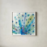 Peacock Glory V by Dina June. Shown in a crisp white glass frame for a clean and minimalist style. Available as an archival giclee rolled canvas, fine art paper, or poster print. SKU 65991a.