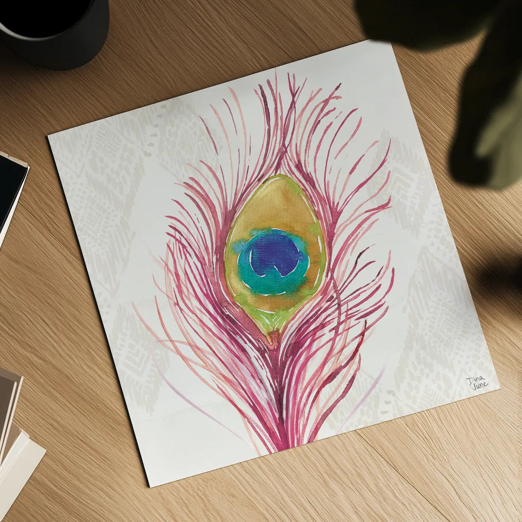 Peacock Glory VI by Dina June. Shown as a detailed flat fine art print, highlighting archival giclee quality. Available as an archival giclee rolled canvas, fine art paper, or poster print. SKU 65992a.
