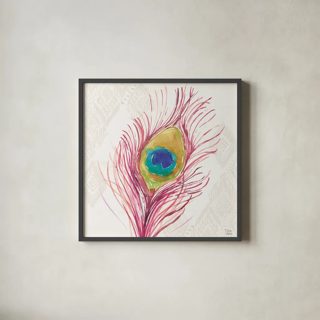 Peacock Glory VI by Dina June. Shown in a sleek black glass frame for a contemporary gallery look. Available as an archival giclee rolled canvas, fine art paper, or poster print. SKU 65992a.