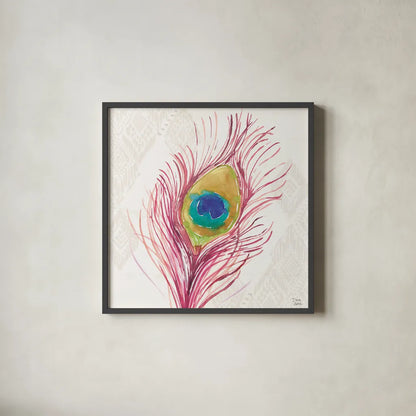 Peacock Glory VI by Dina June. Shown in a sleek black glass frame for a contemporary gallery look. Available as an archival giclee rolled canvas, fine art paper, or poster print. SKU 65992a.