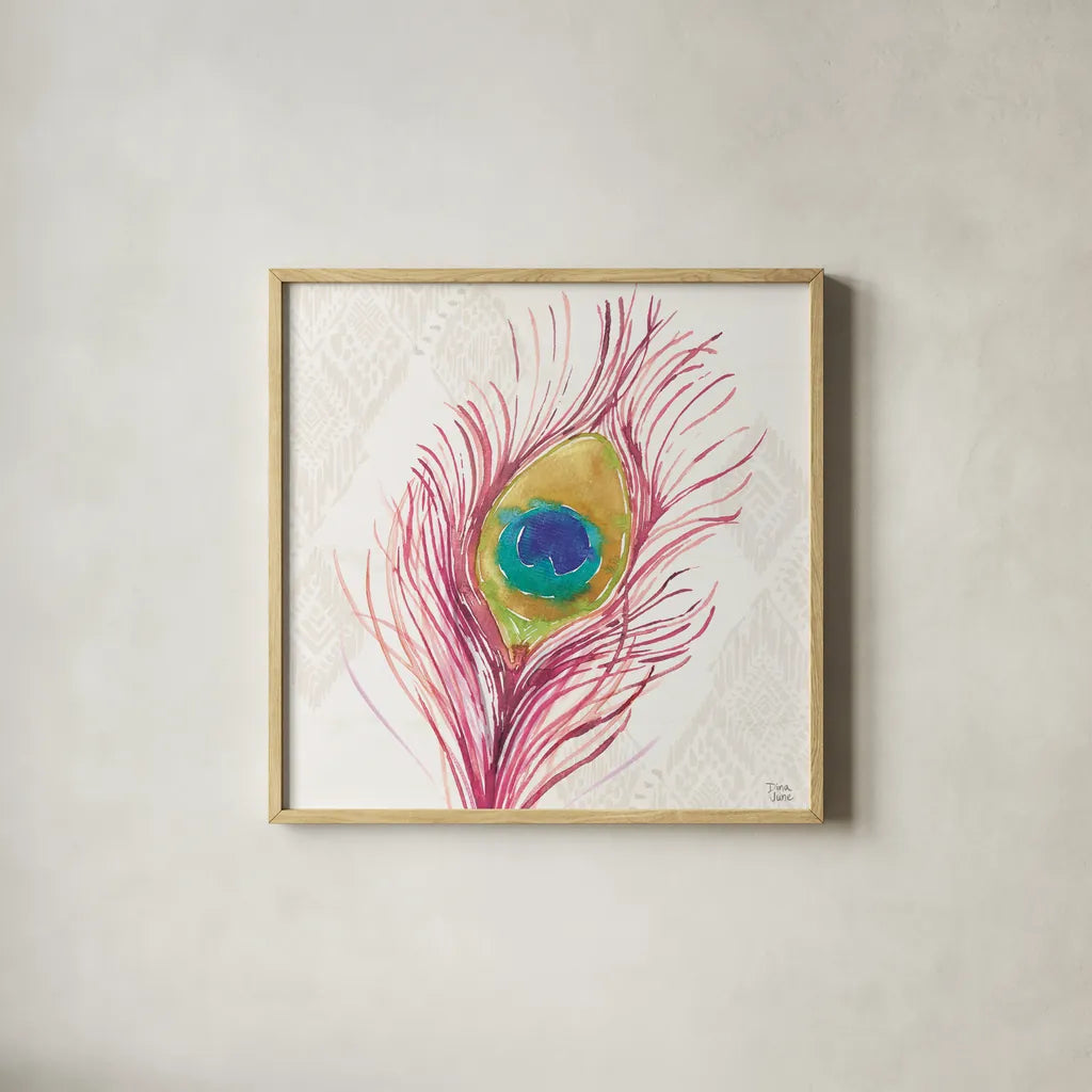 Peacock Glory VI by Dina June. Shown in a natural wood glass frame for a timeless modern aesthetic. Available as an archival giclee rolled canvas, fine art paper, or poster print. SKU 65992a.
