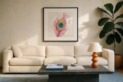 Peacock Glory VI by Dina June. Displayed in a glass frame with matte in a clean modern living room. Available as an archival giclee rolled canvas, fine art paper, or poster print. SKU 65992a.