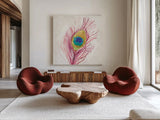 Peacock Glory VI by Dina June. Shown as extra-large giant wall art in a modern living room. Available as an archival giclee rolled canvas, fine art paper, or poster print. SKU 65992a.
