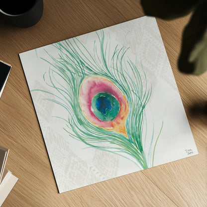 Peacock Glory VII by Dina June. Shown as a detailed flat fine art print, highlighting archival giclee quality. Available as an archival giclee rolled canvas, fine art paper, or poster print. SKU 65993a.