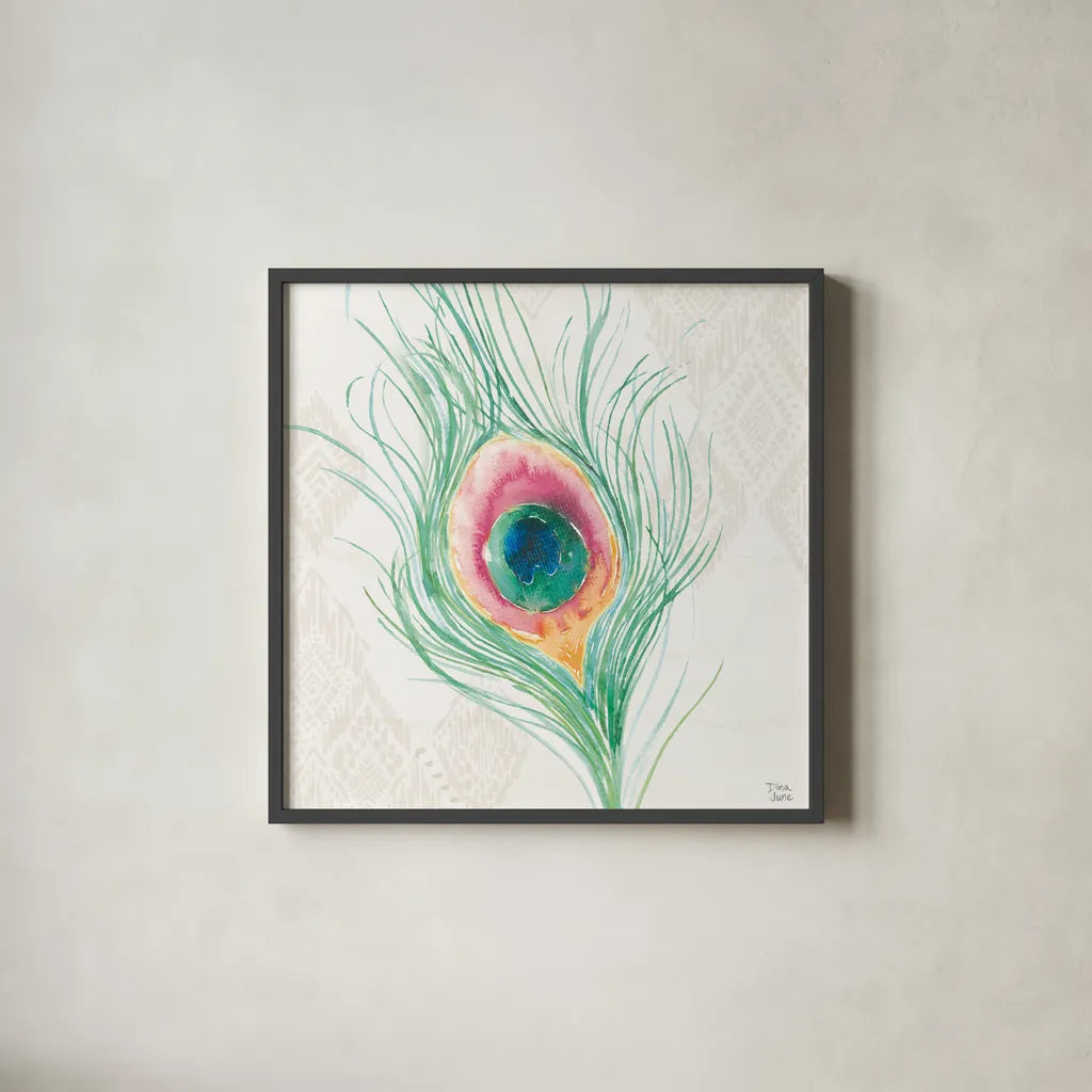 Peacock Glory VII by Dina June. Shown in a sleek black glass frame for a contemporary gallery look. Available as an archival giclee rolled canvas, fine art paper, or poster print. SKU 65993a.