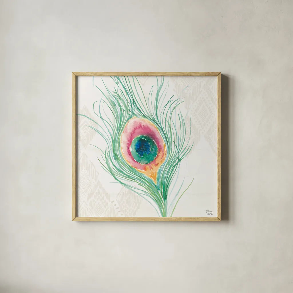 Peacock Glory VII by Dina June. Shown in a natural wood glass frame for a timeless modern aesthetic. Available as an archival giclee rolled canvas, fine art paper, or poster print. SKU 65993a.
