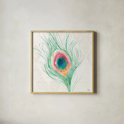 Peacock Glory VII by Dina June. Shown in a natural wood glass frame for a timeless modern aesthetic. Available as an archival giclee rolled canvas, fine art paper, or poster print. SKU 65993a.
