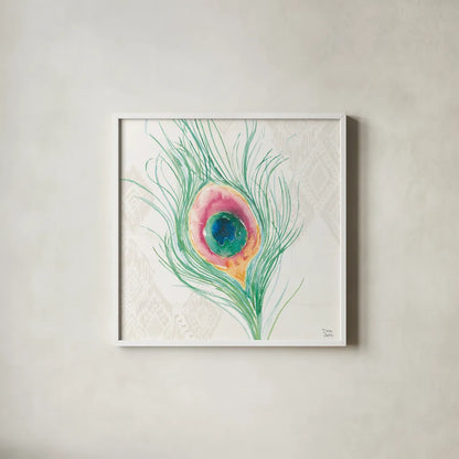 Peacock Glory VII by Dina June. Shown in a crisp white glass frame for a clean and minimalist style. Available as an archival giclee rolled canvas, fine art paper, or poster print. SKU 65993a.