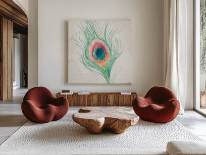 Peacock Glory VII by Dina June. Shown as extra-large giant wall art in a modern living room. Available as an archival giclee rolled canvas, fine art paper, or poster print. SKU 65993a.