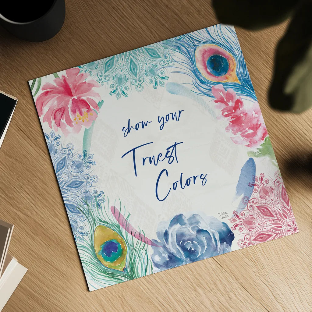 Peacock Glory VIII by Dina June. Shown as a detailed flat fine art print, highlighting archival giclee quality. Available as an archival giclee rolled canvas, fine art paper, or poster print. SKU 65994a.