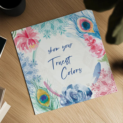 Peacock Glory VIII by Dina June. Shown as a detailed flat fine art print, highlighting archival giclee quality. Available as an archival giclee rolled canvas, fine art paper, or poster print. SKU 65994a.