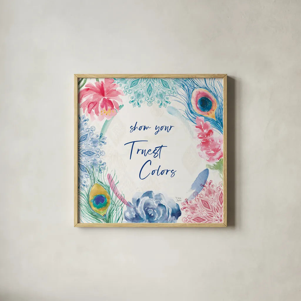 Peacock Glory VIII by Dina June. Shown in a natural wood glass frame for a timeless modern aesthetic. Available as an archival giclee rolled canvas, fine art paper, or poster print. SKU 65994a.