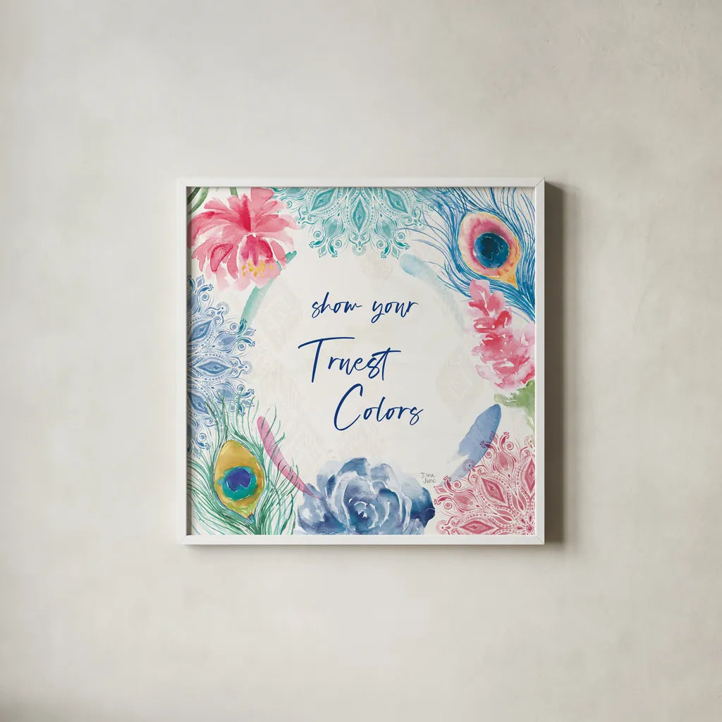 Peacock Glory VIII by Dina June. Shown in a crisp white glass frame for a clean and minimalist style. Available as an archival giclee rolled canvas, fine art paper, or poster print. SKU 65994a.