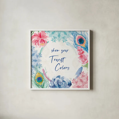 Peacock Glory VIII by Dina June. Shown in a crisp white glass frame for a clean and minimalist style. Available as an archival giclee rolled canvas, fine art paper, or poster print. SKU 65994a.