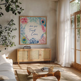 Peacock Glory VIII by Dina June. Shown in a natural wood frame in a cozy modern living room. Available as an archival giclee rolled canvas, fine art paper, or poster print. SKU 65994a.