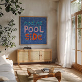 Poolside Vibes VI by Dina June. Shown in a natural wood frame in a cozy modern living room. Available as an archival giclee rolled canvas, fine art paper, or poster print. SKU 103844a.