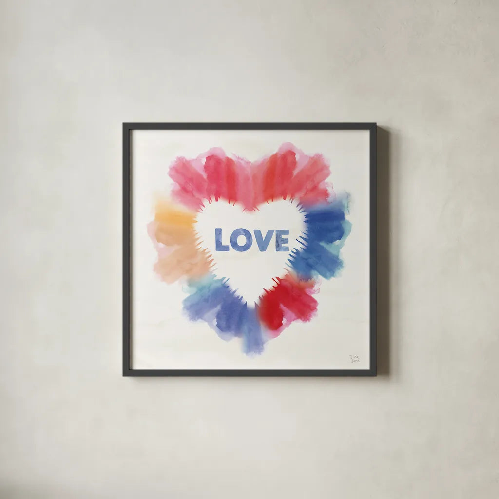 Rainbow Love I by Dina June. Shown in a sleek black glass frame for a contemporary gallery look. Available as an archival giclee rolled canvas, fine art paper, or poster print. SKU 74225a.