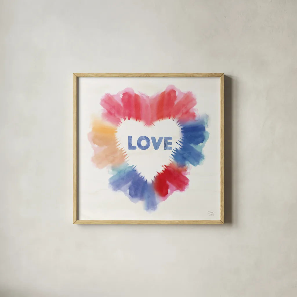 Rainbow Love I by Dina June. Shown in a natural wood glass frame for a timeless modern aesthetic. Available as an archival giclee rolled canvas, fine art paper, or poster print. SKU 74225a.
