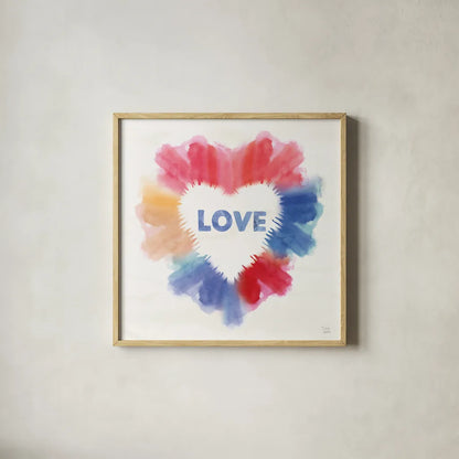 Rainbow Love I by Dina June. Shown in a natural wood glass frame for a timeless modern aesthetic. Available as an archival giclee rolled canvas, fine art paper, or poster print. SKU 74225a.