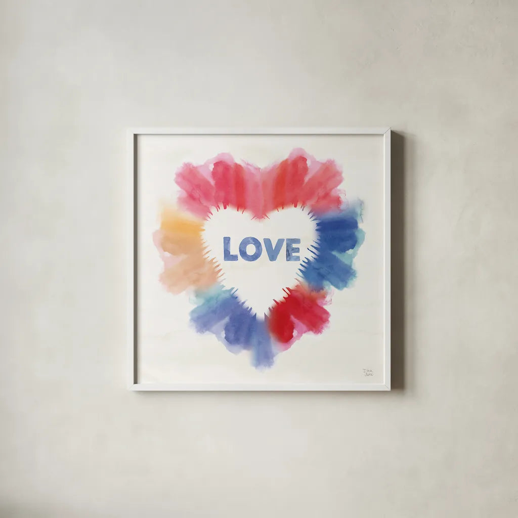 Rainbow Love I by Dina June. Shown in a crisp white glass frame for a clean and minimalist style. Available as an archival giclee rolled canvas, fine art paper, or poster print. SKU 74225a.