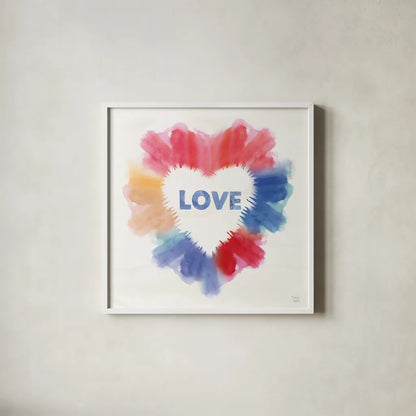 Rainbow Love I by Dina June. Shown in a crisp white glass frame for a clean and minimalist style. Available as an archival giclee rolled canvas, fine art paper, or poster print. SKU 74225a.