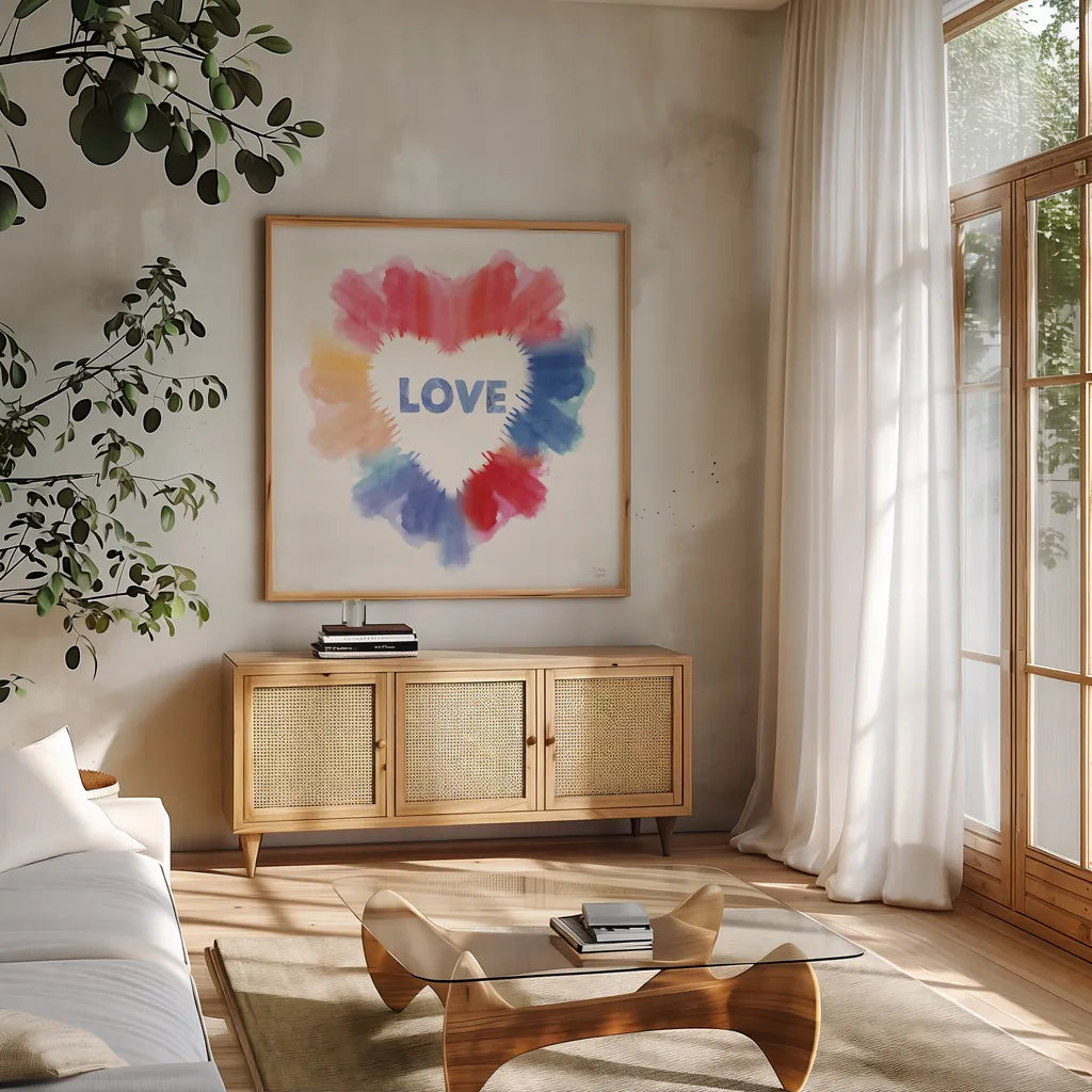 Rainbow Love I by Dina June. Shown in a natural wood frame in a cozy modern living room. Available as an archival giclee rolled canvas, fine art paper, or poster print. SKU 74225a.