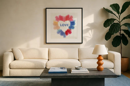 Rainbow Love I by Dina June. Displayed in a glass frame with matte in a clean modern living room. Available as an archival giclee rolled canvas, fine art paper, or poster print. SKU 74225a.