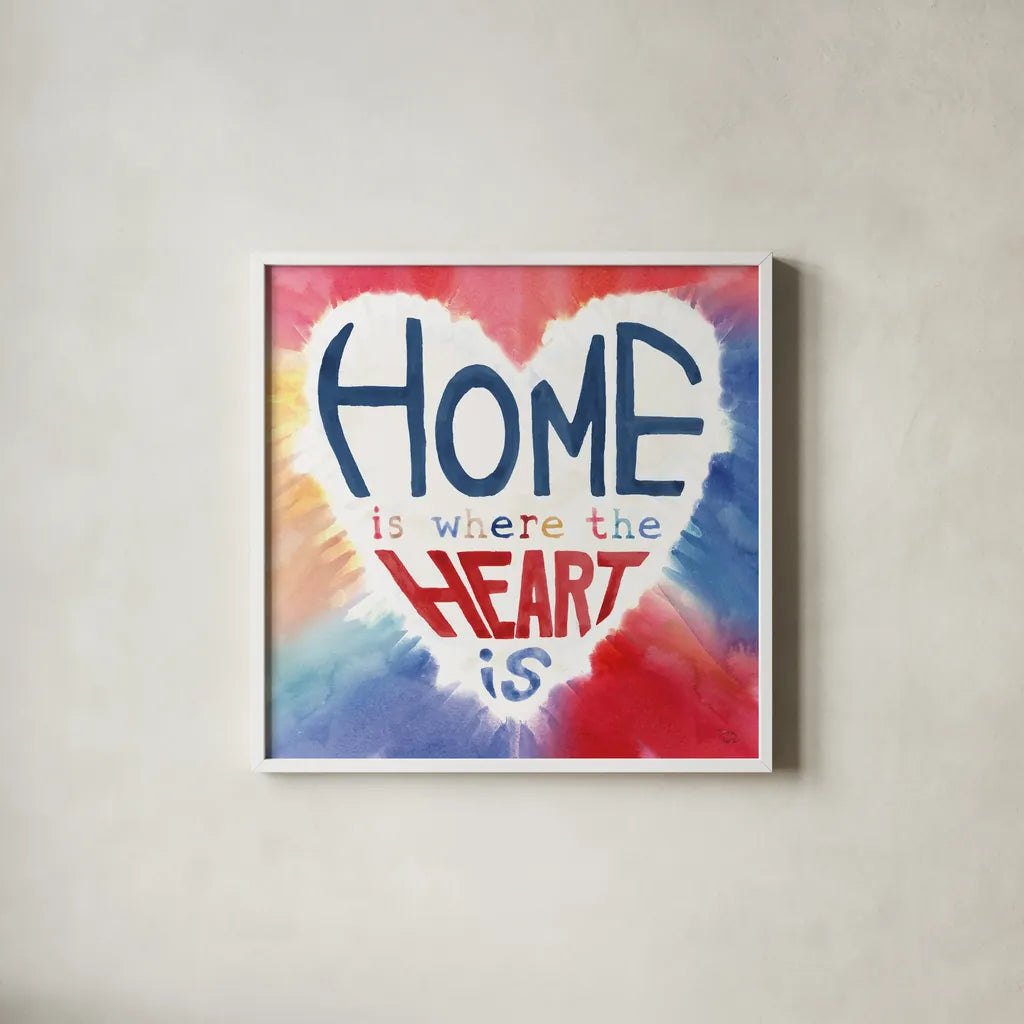 Rainbow Love II by Dina June. Shown in a crisp white glass frame for a clean and minimalist style. Available as an archival giclee rolled canvas, fine art paper, or poster print. SKU 74226a.