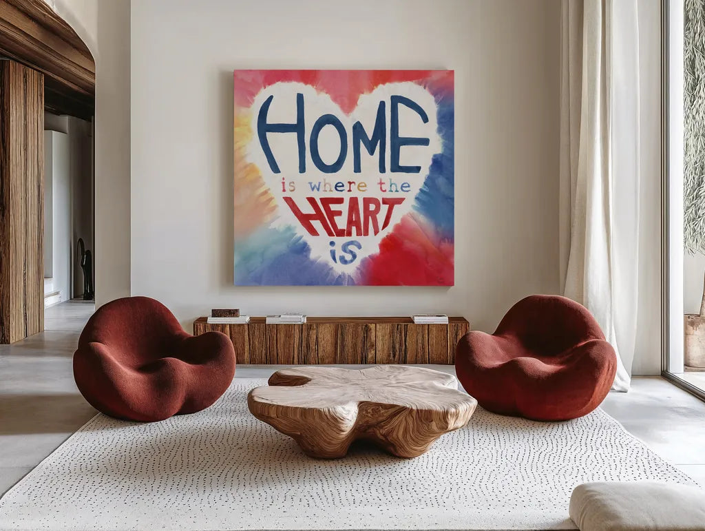 Rainbow Love II by Dina June. Shown as extra-large giant wall art in a modern living room. Available as an archival giclee rolled canvas, fine art paper, or poster print. SKU 74226a.