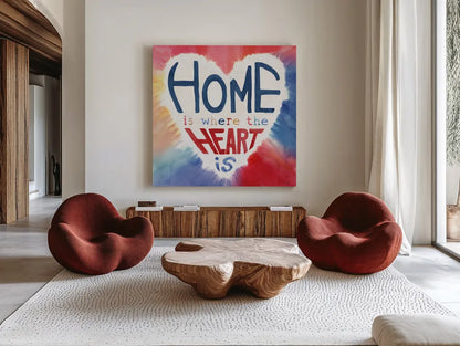 Rainbow Love II by Dina June. Shown as extra-large giant wall art in a modern living room. Available as an archival giclee rolled canvas, fine art paper, or poster print. SKU 74226a.