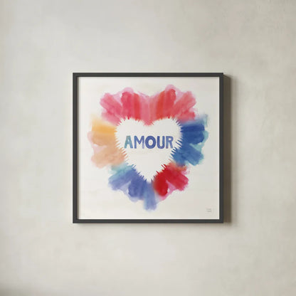 Rainbow Love II Amour by Dina June. Shown in a sleek black glass frame for a contemporary gallery look. Available as an archival giclee rolled canvas, fine art paper, or poster print. SKU 75762a.