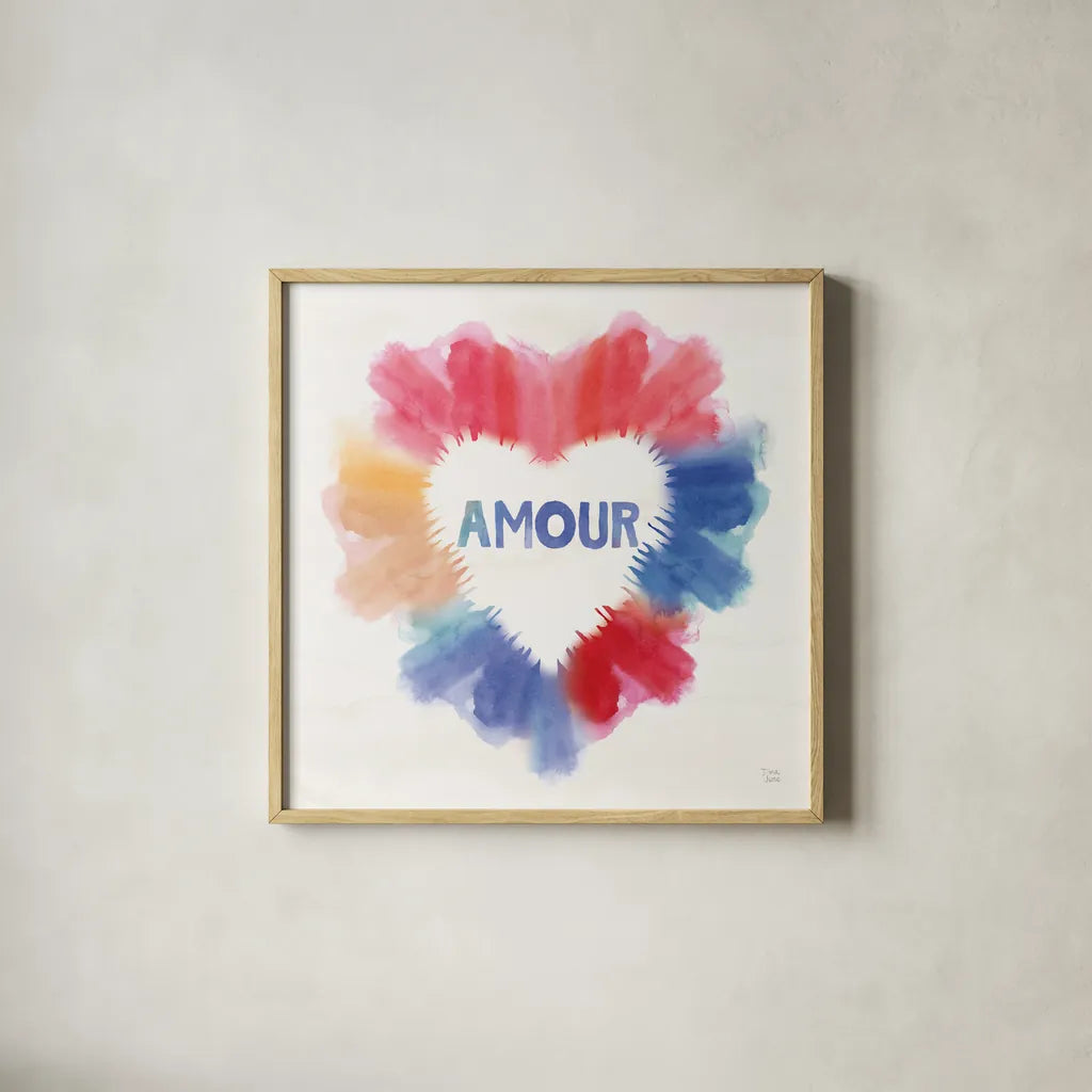 Rainbow Love II Amour by Dina June. Shown in a natural wood glass frame for a timeless modern aesthetic. Available as an archival giclee rolled canvas, fine art paper, or poster print. SKU 75762a.
