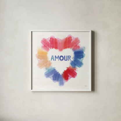 Rainbow Love II Amour by Dina June. Shown in a crisp white glass frame for a clean and minimalist style. Available as an archival giclee rolled canvas, fine art paper, or poster print. SKU 75762a.