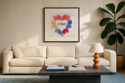 Rainbow Love II Amour by Dina June. Displayed in a glass frame with matte in a clean modern living room. Available as an archival giclee rolled canvas, fine art paper, or poster print. SKU 75762a.