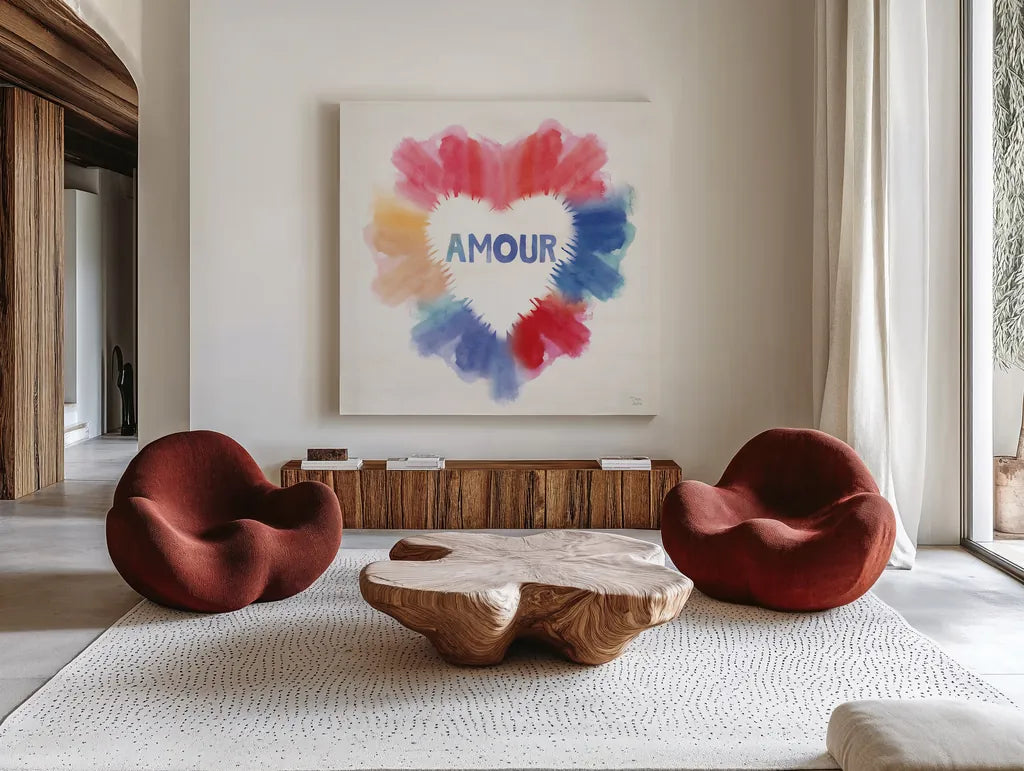 Rainbow Love II Amour by Dina June. Shown as extra-large giant wall art in a modern living room. Available as an archival giclee rolled canvas, fine art paper, or poster print. SKU 75762a.