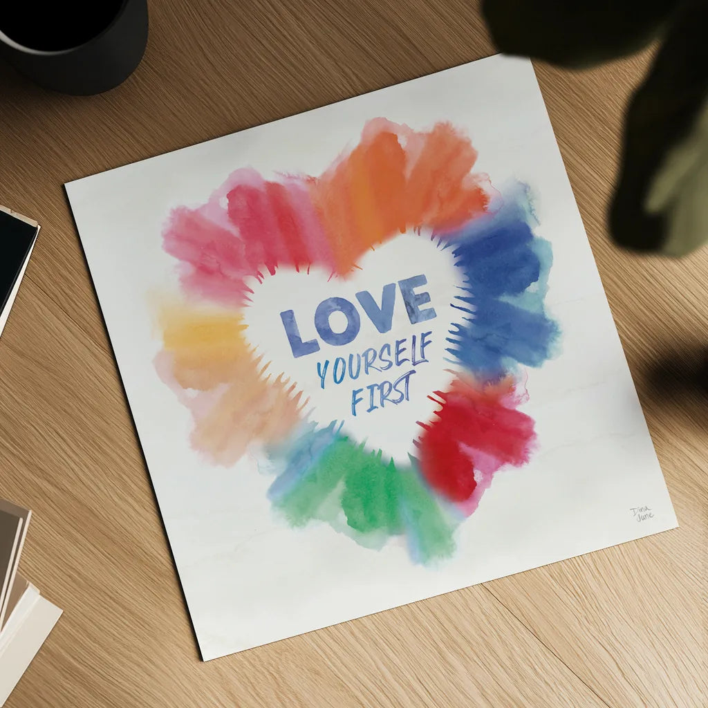 Rainbow Love Pride by Dina June. Shown as a detailed flat fine art print, highlighting archival giclee quality. Available as an archival giclee rolled canvas, fine art paper, or poster print. SKU 85453a.